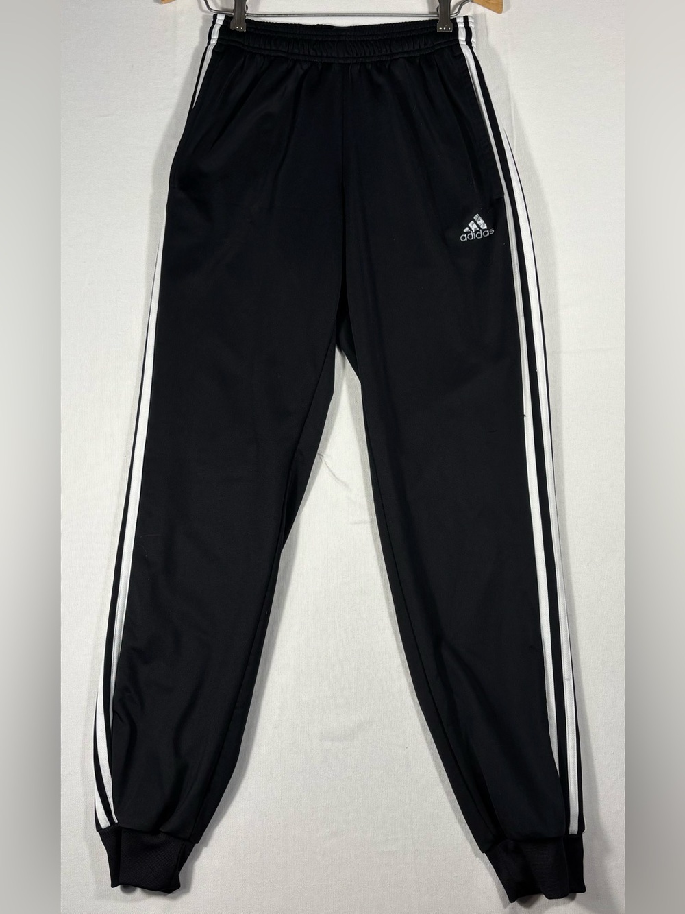Adidas Women’s Small Black Track Pants with White Stripes Elastic Tie Waist